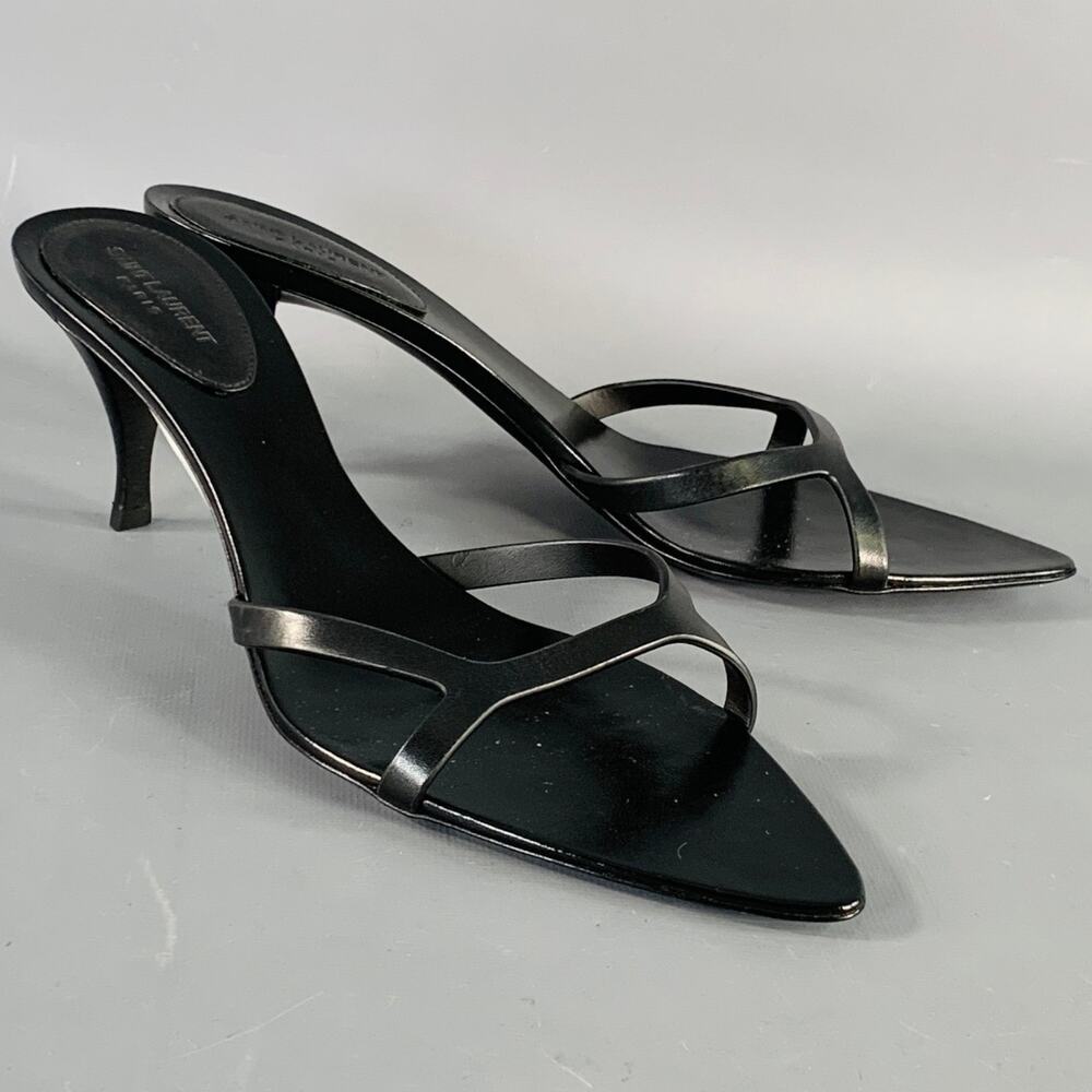 40 Saint Laurent Carla Elegant Sleek Black Strappy Pointed-Toe Kitten Heel Mules